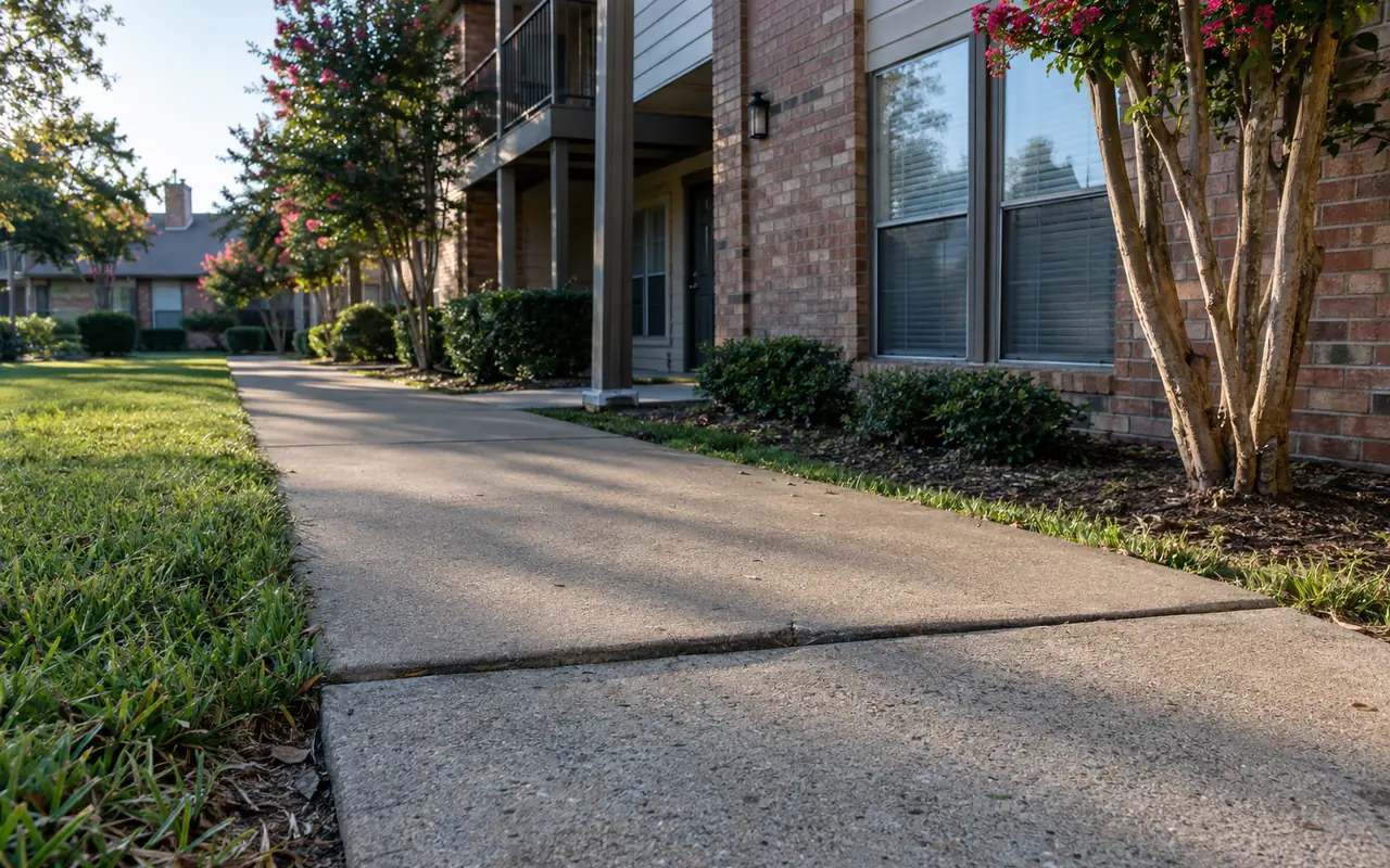 Concrete walkway beside an apartment building with one slab edge raised above the next at a joint.