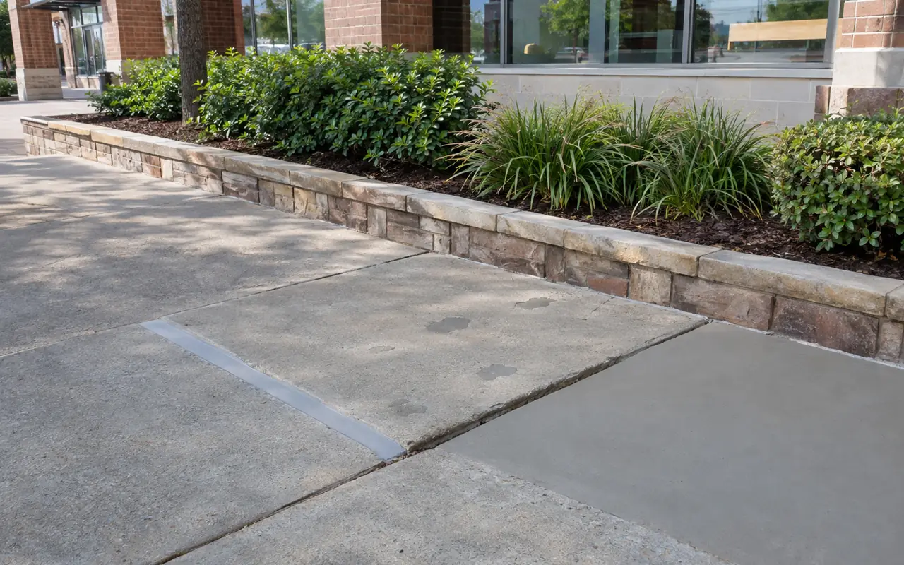 One walkway where consecutive concrete panels show a ground joint, a lifted panel with patched holes, and a new pour.