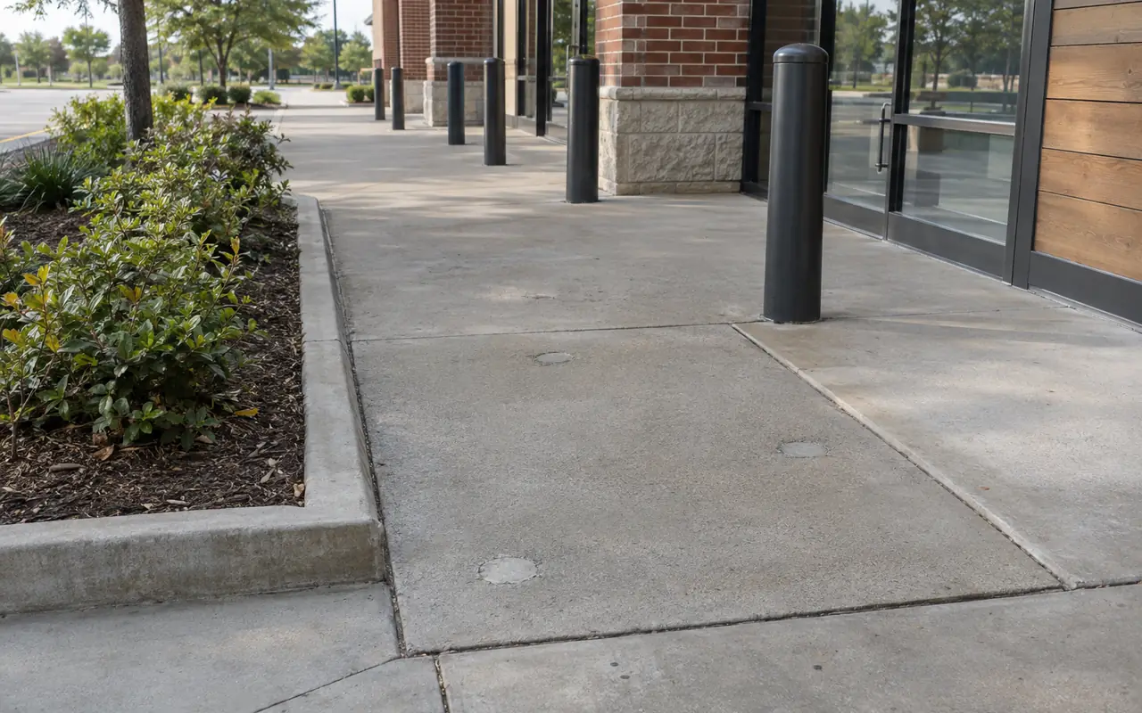Concrete walkway panel with small patched holes after being lifted level with the adjacent slabs.
