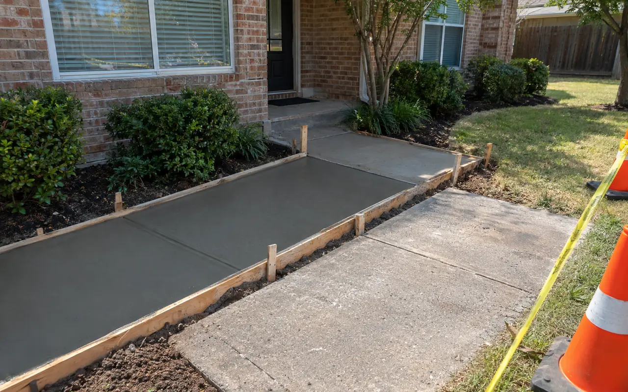 Newly poured concrete sidewalk section inside wooden forms next to older slabs.