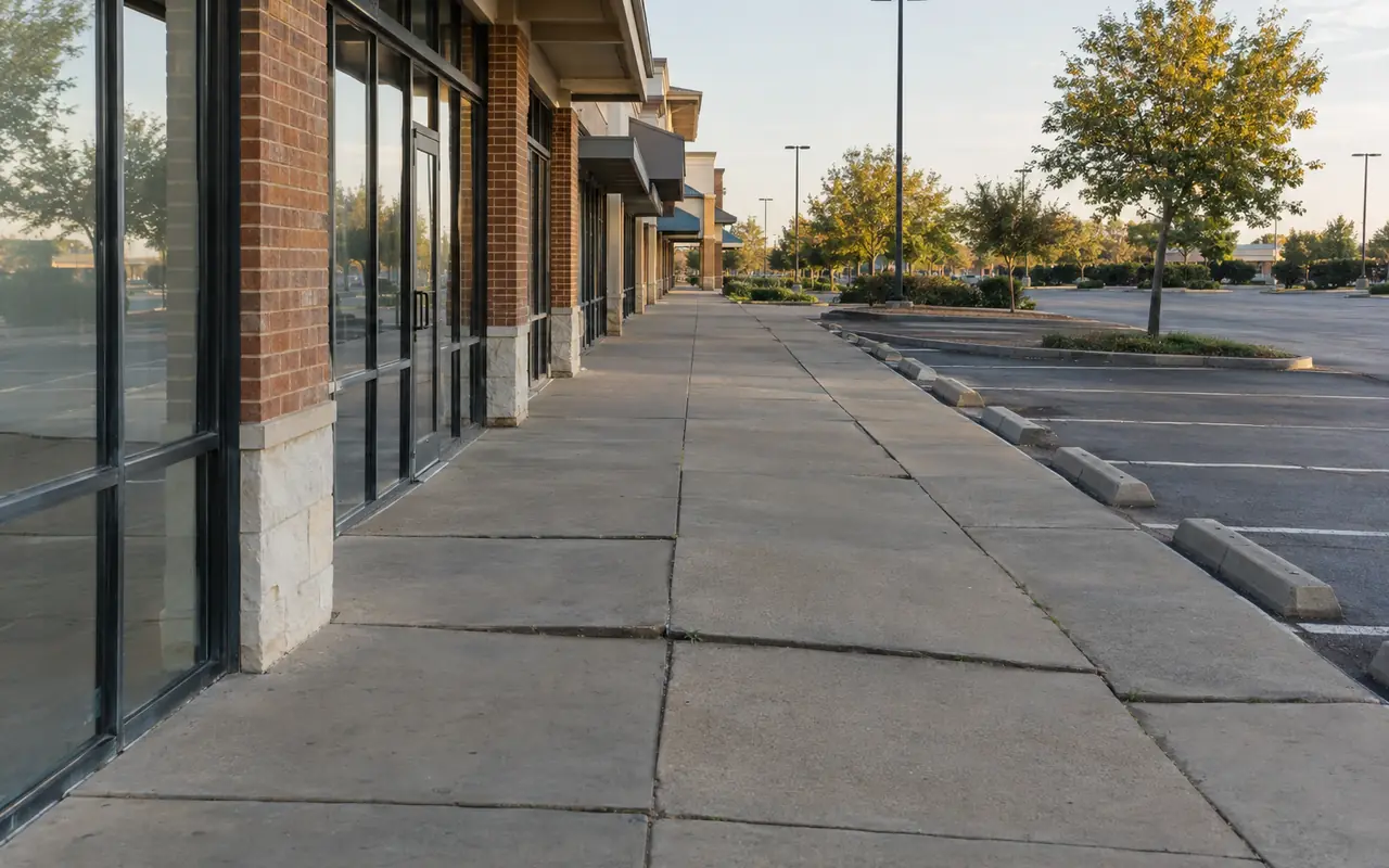 Long commercial walkway with many slab joints receding toward storefronts.