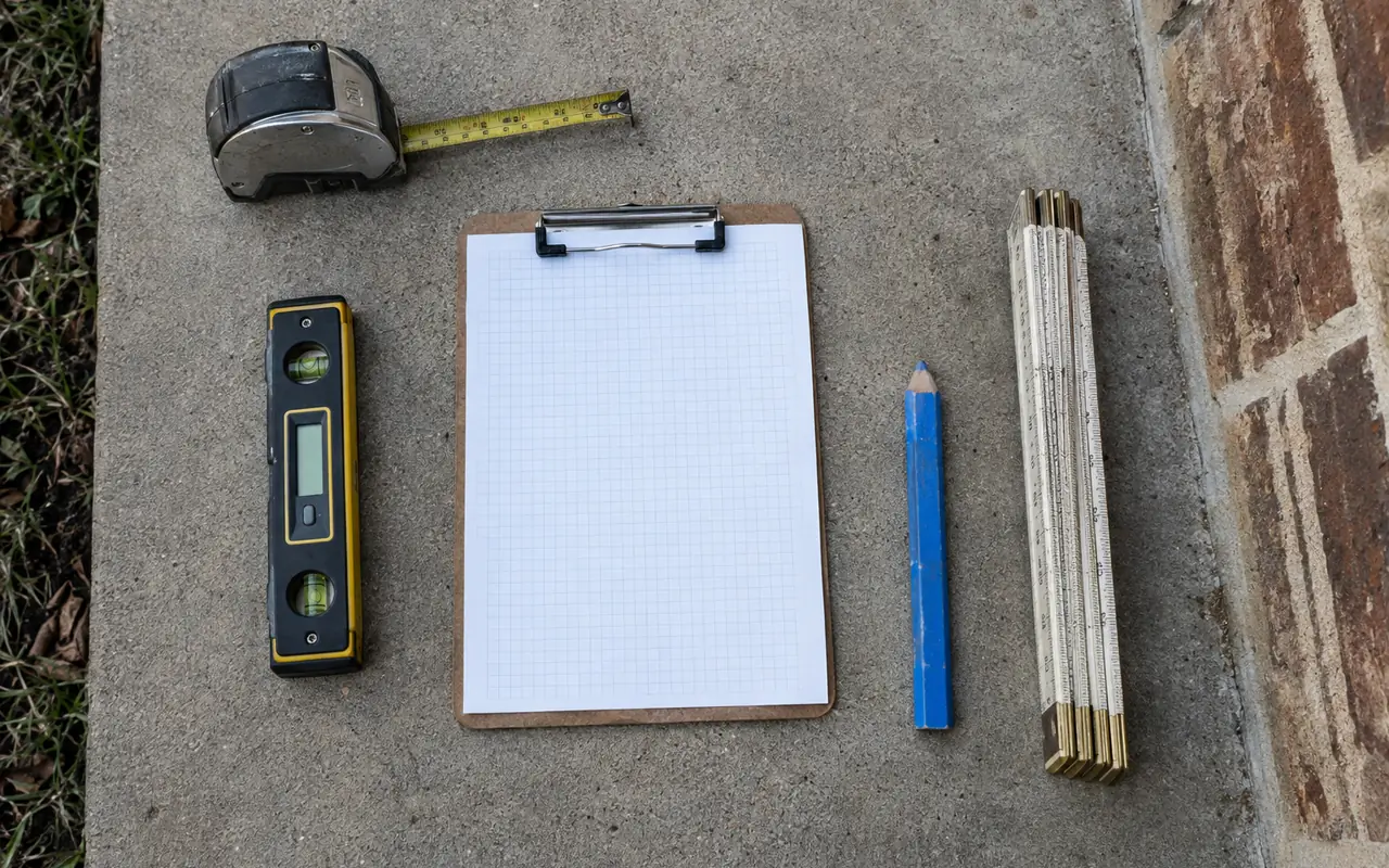 Tape measure, digital level, clipboard with a blank sheet, crayon and folding ruler laid on concrete.