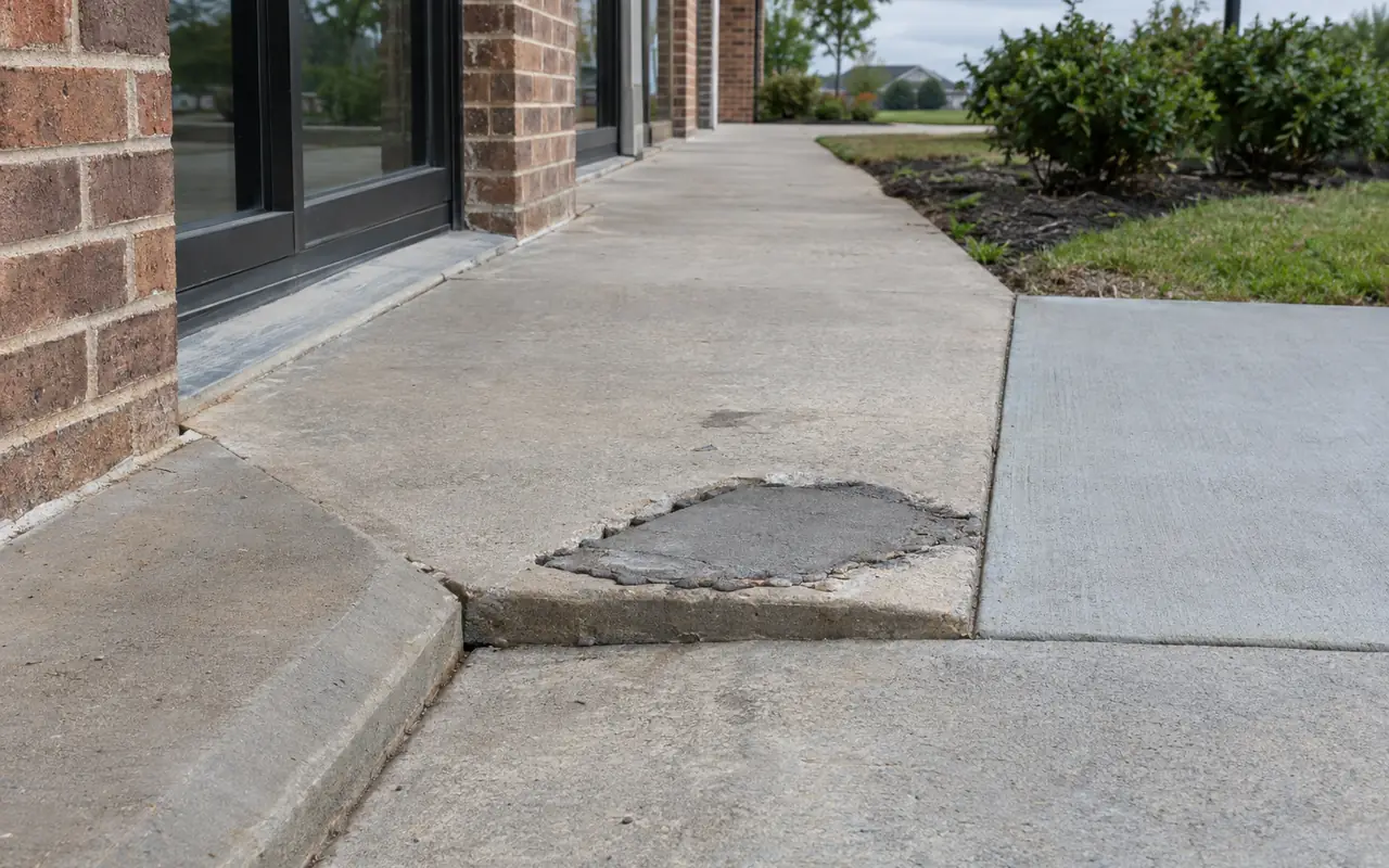 Three joint conditions in a row: ground bevel, lifted edge, and new concrete against old.
