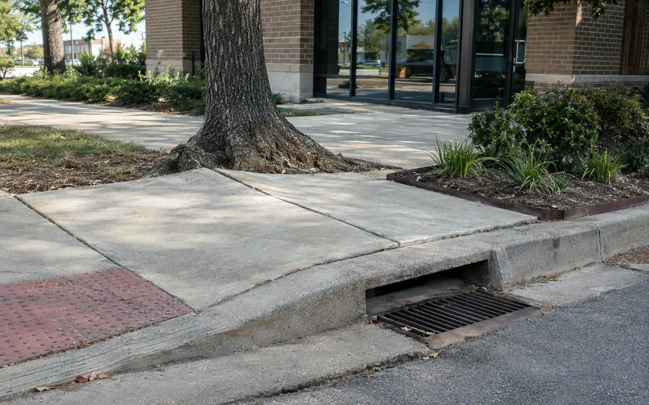 Sidewalk with a root-lifted panel, storm-drain inlet, curb ramp and landscape bed in one view.