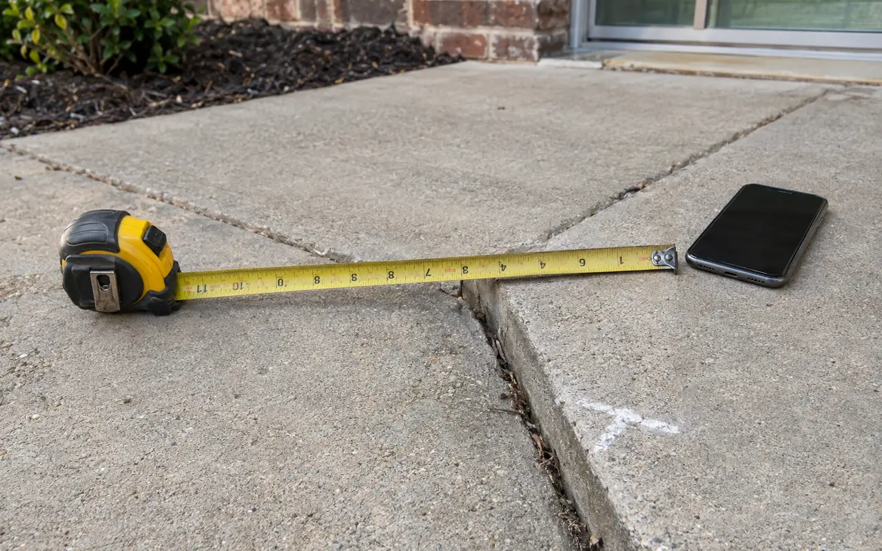 Tape measure across a raised sidewalk joint with a chalk mark and a phone with a blank screen nearby.