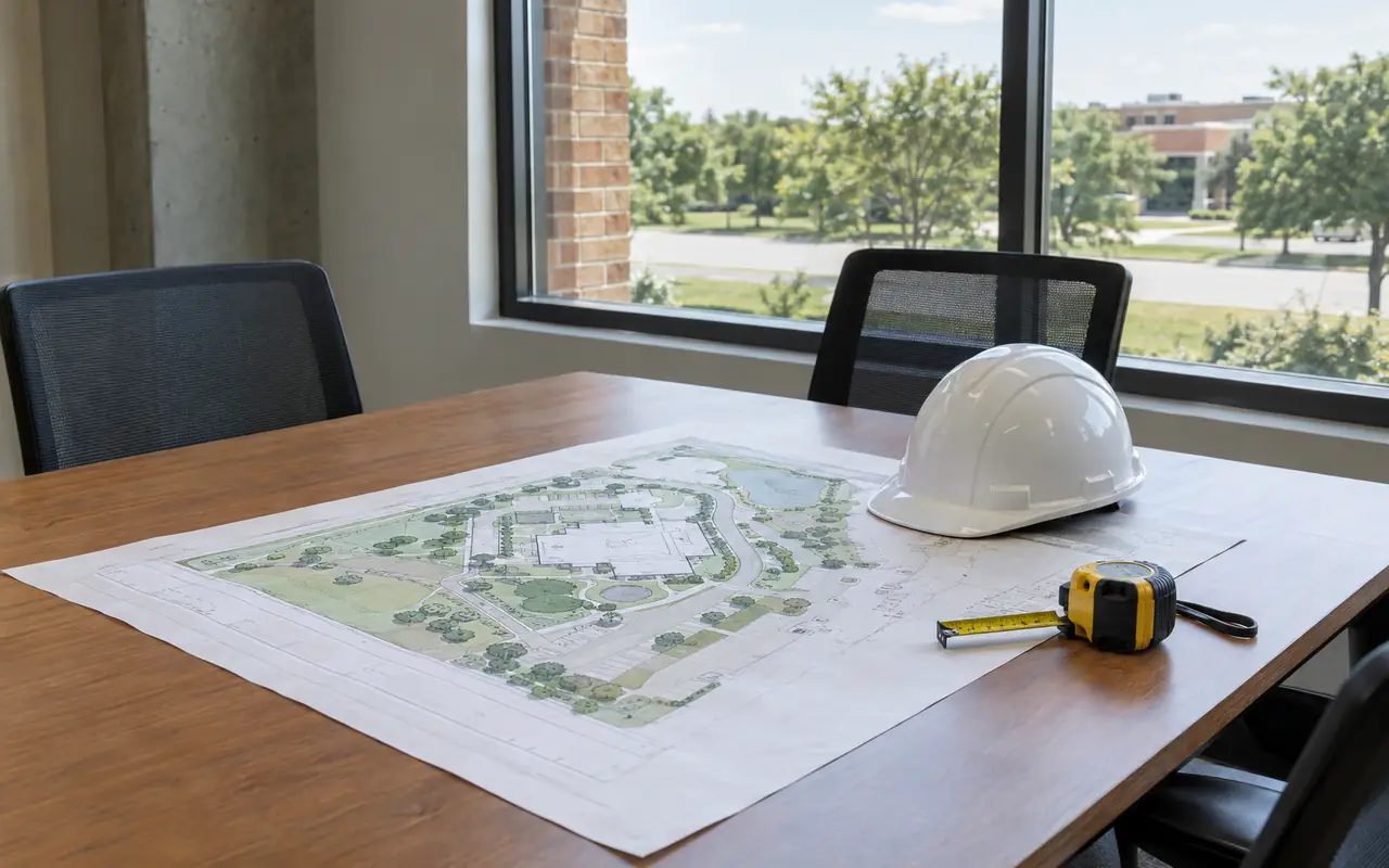 Meeting table with an unlabeled walkway drawing, a tape measure and a hard hat.