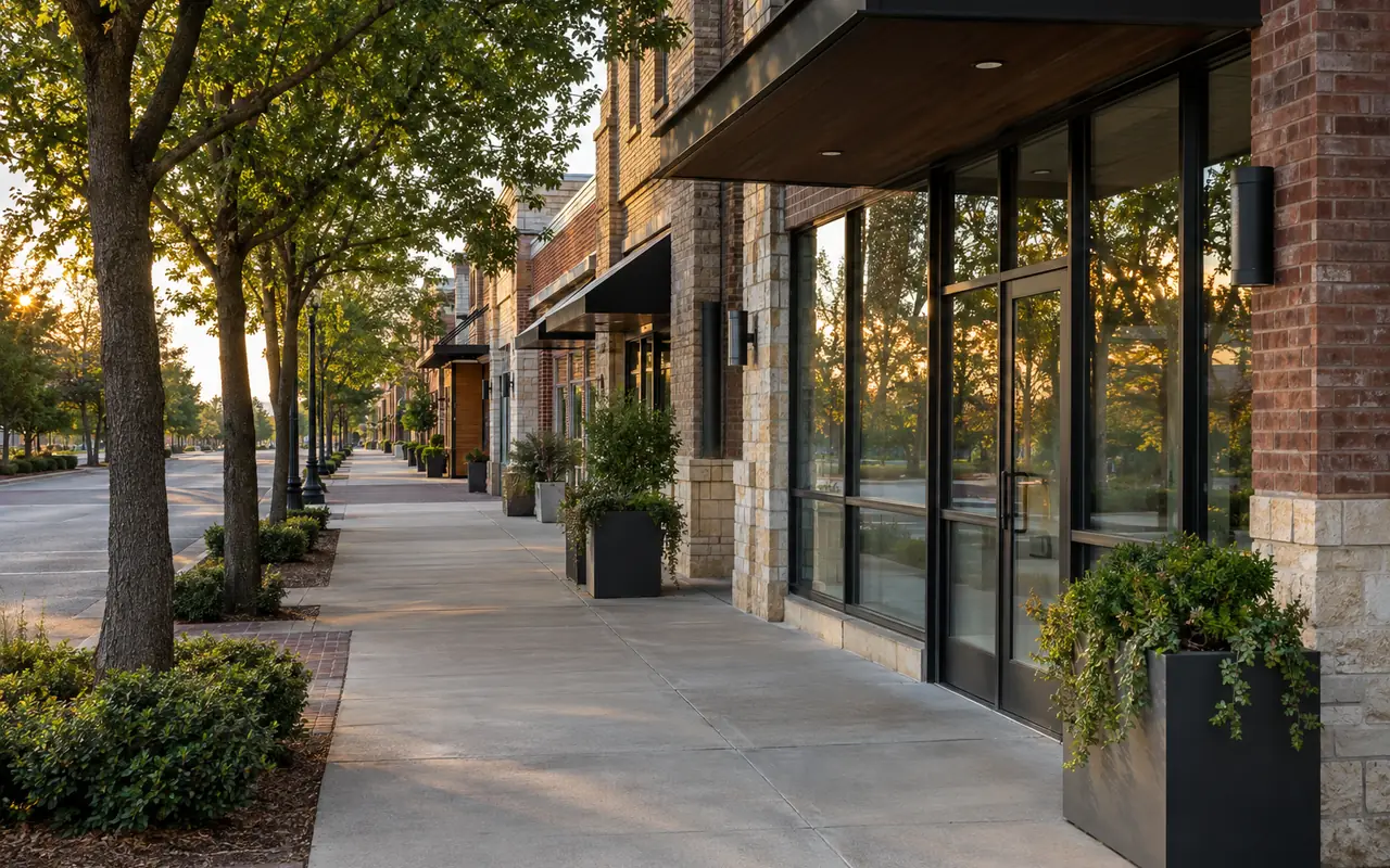 Tree-lined commercial street with a wide clean sidewalk at golden hour.