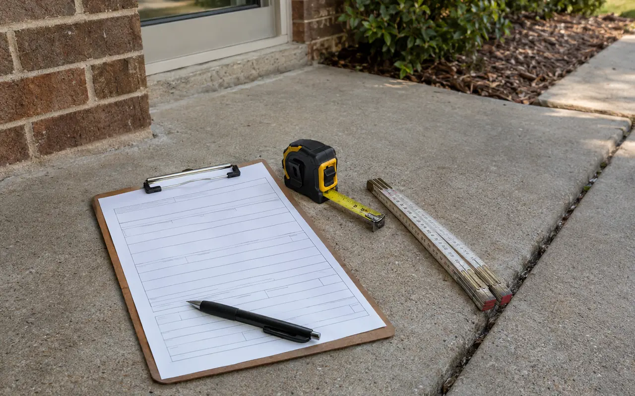 Clipboard with a blank form, pen, tape measure and folding ruler on a sidewalk beside a joint.